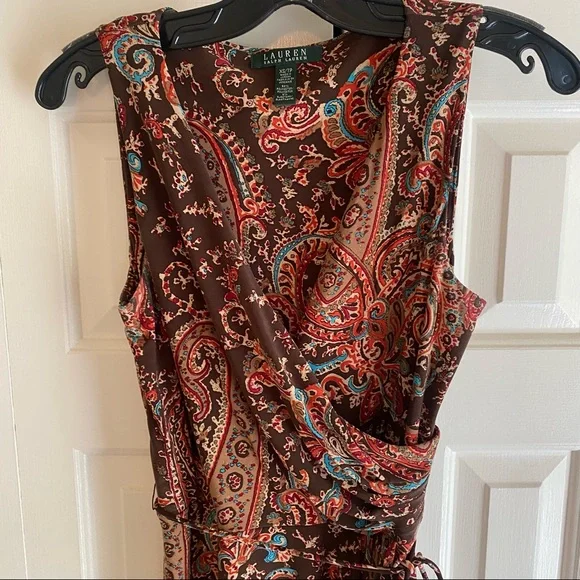Lauren Ralph Lauren brown print faux wrap dress. Sz XS sleeveless - Picture 4 of 5